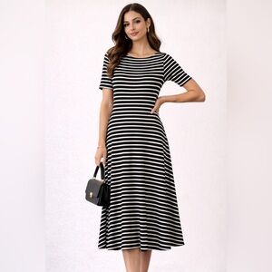 Lauren Ralph Lauren Striped Midi Dress Black White Fit&Flare Classic Office Med